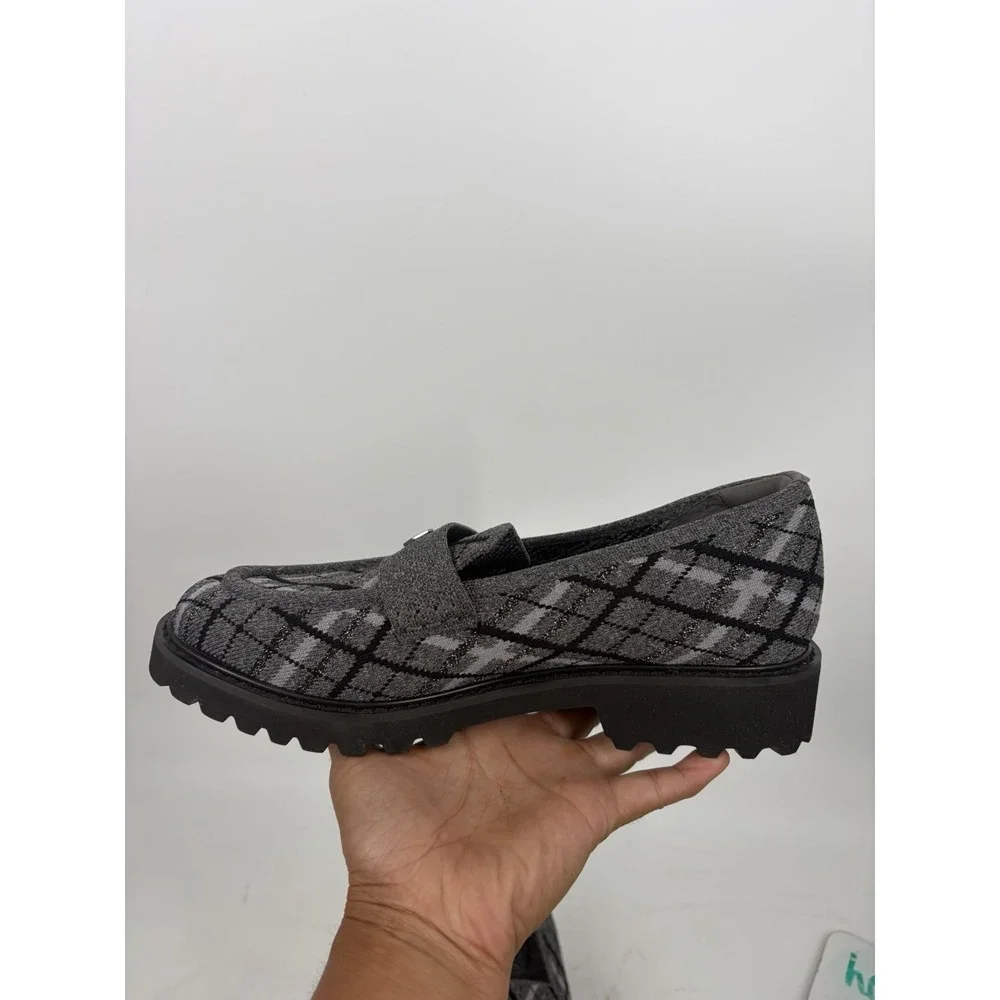 VIVAIA Francesca Grey Plaid Platform Chunky Heel Loafers Round Toe Knit 40.5 9.5